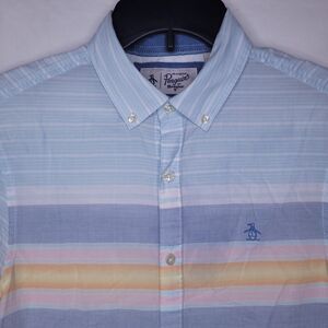 Penguin Shirt Mens Small Striped Blue, White, Orange Cotton Preppy